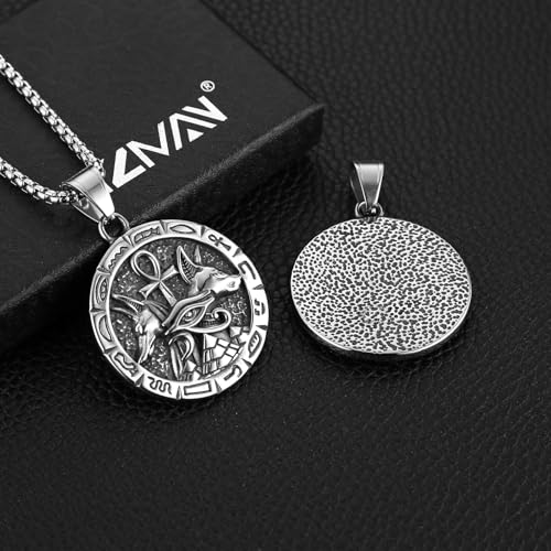 HZMAN Ancient Egyptian Symbol Necklace for Men Women Stainless Steel Retro Eye of Horus Pyramid Coptic Ankh Cross Anubis Round Pendant Necklace4