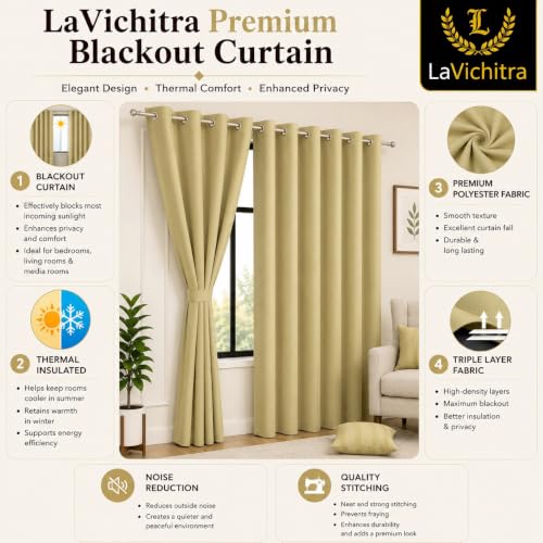 Image of LaVichitra 2 Pieces Solid Premium Blackout Curtains - Thermal Insulated, 3 Layered, 100% Opaque Window - 6 feet, Light Beige