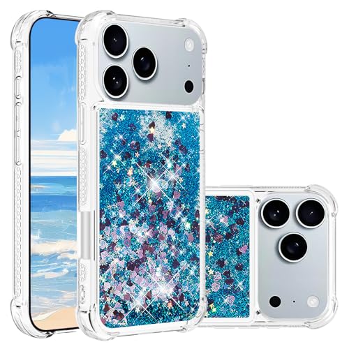 Coque iPhone 2025 Pro Max antichoc à sable mouvant et paillettes bleues