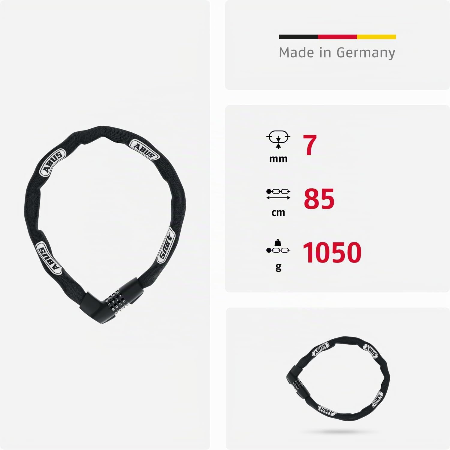 ABUS Kettenschloss Tresor 1385 – Zahlenschloss aus gehärtetem Stahl – 7 mm starke Vierkantkette – ABUS-Sicherheitslevel 7 – 85 cm – Schwarz