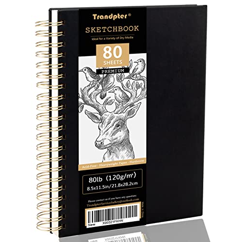 Trandpter 80 Sheets Hardcover Sketch Book,8.5"x11" Art Sketchbook for Drawing,80 lb/120 GSM,Spiral Bound Sketch Pad for Most Dry Media ,Acid Free Drawing Book for Kids Adults Teens Artists,1 Pack