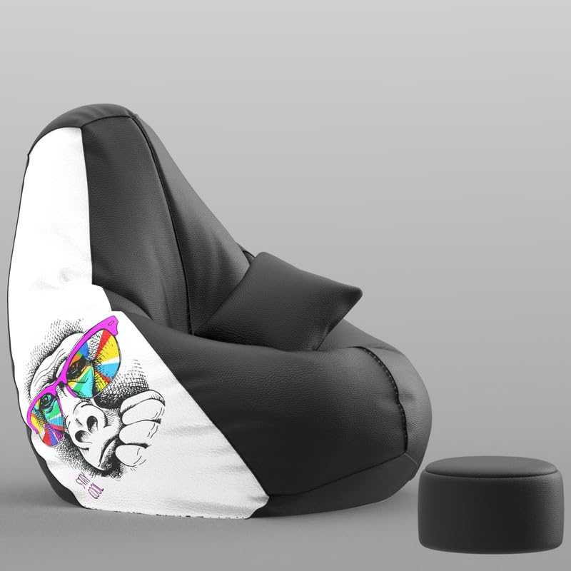Image of Biggie Bean Bag with Beans Filled XXXXL Bean Bag with Free Cushion and Footrest - Official : PrintZen Combo (Matching Color : Printed, Monkey Wondering-Black)