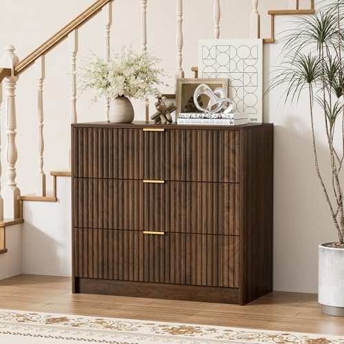 Image of Furniway 31.5 inch Large Nightstand with 3 Drawers, Fluted Bedside Table, Modern Tall End Table with Storage, Wood Night Stand Organizer Cabinet for Bedroom, Walnut