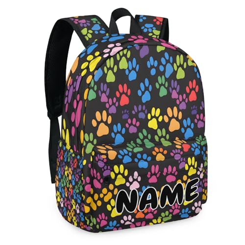 Personalized Dog Travel Backpack for Men Women, 16 Inch Colorful Paws Waterproof Lightweight Custom Backpack with Name for Work Travel Hiking