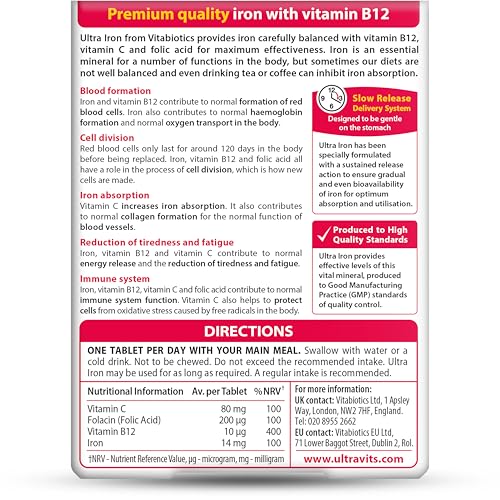Iron Tablets Supplement, Boosts Energy, Vitality, Power and Immunity and Supports Against Anemia, Tiredness and Fatigue with Added Vitamin C Vitamin B12 and Folic Acid (Vitamin B9), Vitabiotics Ultra - Image 4