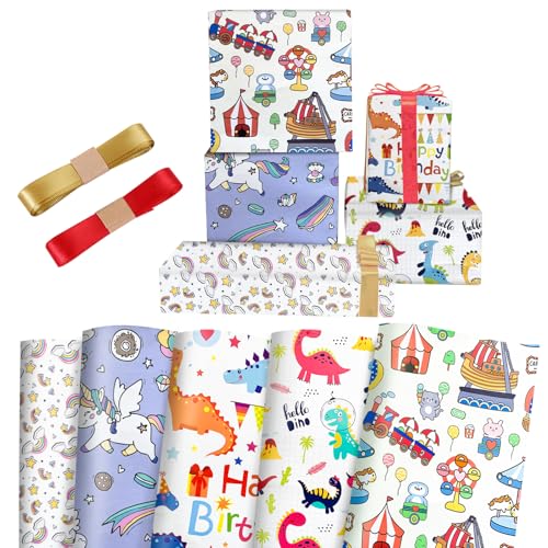 5 Piezas Papel de Regalo para Niños, 70x50CM Papel de Regalo Cumpleaños con Cinta, Papel de Regalo de Animales para Fiesta Boda DIY