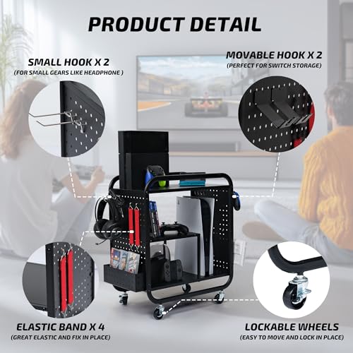 PLKOW Video Game Organizer, Rolling Video Game Storage Rack for Xbox/Switch/PS4/PS5 Accessories, Game Consoles Stand Controllers Holder, Perfect Holiday Present (Black) - Image 5