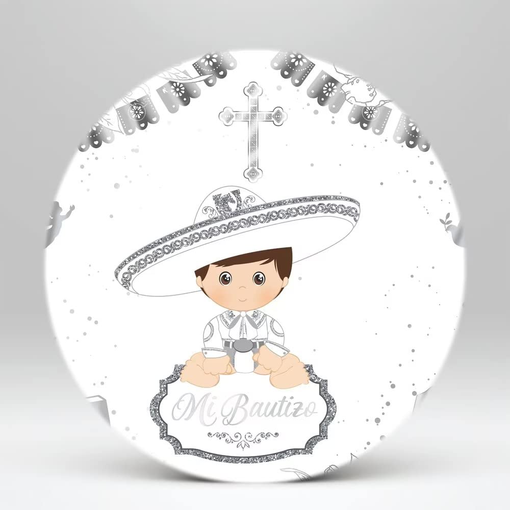 NIVIUS PHOTO Mi Bautizo Backdrop Boy First Communion for God Bless Party Silver Round Background Baprtism Christening Decoration Supplies(Dia=7.5ft)