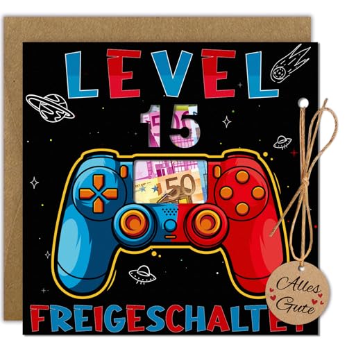 WenmthG Geldgeschenke Geburtstag 15 mit Umschlag Karte 15 Geburtstag Jungs - Geschenke für 15 Jährige Jungen - 15. Geburtstag Zocker Geschenke Coole Sachen für Jungs Gaming Geldgeschenke Verpackung