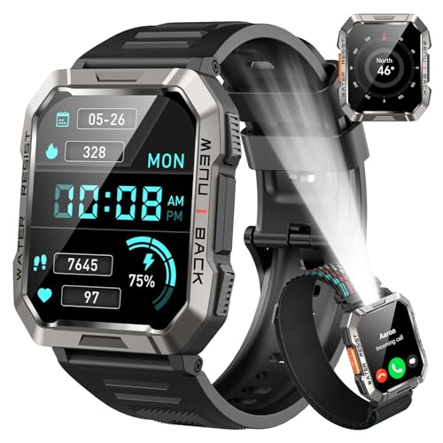 Baolubao Militare SmartWatch Uomo(Rispondi/Effettua Chiamate), Fitness Tracker con Torcia/Bussola/900mAh Batteria /24H Cardiofrequenzimetro/Sonno/ SpO2/100+ Modalità Sport per Android IOS