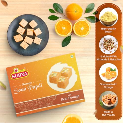 Image of HF, Surya Orange Soan Papdi- 400g | No Added Preservatives or Colours | Made with Fresh Besan, Almond & Pistachio Garnish, Melt-in-Mouth Mithai Box