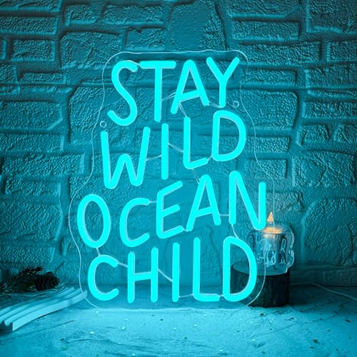 Stay Wild Ocean Child Neon Sign, Dimmable LED Kids Room Neon Light, Boho Surf Wall Art Kids Ocean Surf Bedroom Baby Playroom Wall Decor Party Gift(10.2 * 13in)