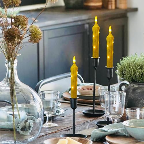 Image of 6.5 Inches Primitive Real Wax LED Flameless Short Candlesticks Hand Dipped Battery Operated Taper Candles with Timer Remote Candles for Vintage Rustic Home Decor, Pack of 4(Yellow)