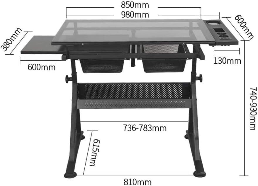 Glass Panel Drawing Table, Drawing Table with Storage, Height Adjustable Reclining Art Table for Work Study Painting Craft Table