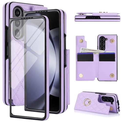 for Samsung Galaxy Z Fold 6 Wallet Case with Ring, 4 Card Slots & Cash Clip - Magnetic Clasp Closure, Front Tempered Glass Screen Protector & Reinforced Frame Protective Cover.(Purple) Purpl