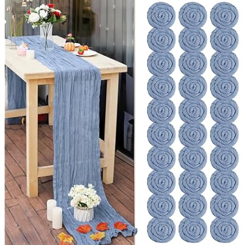 30 Pcs Dusty Blue 10FT Cheesecloth Table Runner 23"x120" Boho Gauze Table Runner Rustic Sheer Runner Romantic Cheese Cloth Long Table Runner for Wedding Arch Bridal Baby Shower Birthday Party Décor Cover