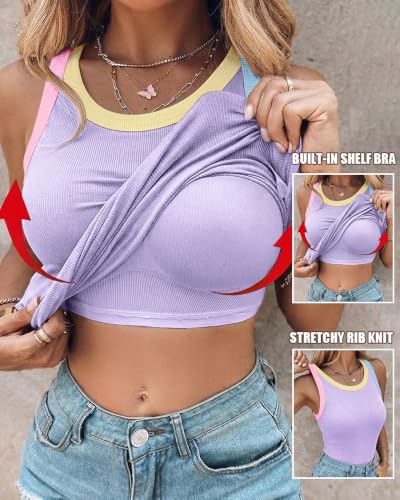 Image of CHICME Womens Sleeveless Ribbed Built in Bra Tank Tops | Color-Block, Crewneck Padded Racerback Shirts, Slim Fit, High Stretch Fabric, Casual Basic Tank for Going Out & Layering