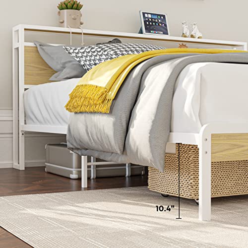 Likimio Queen Bed Frame, Platform Bed Frame With 2-Tier Storage Headboard, Solid And Stable, Noise Free, No Box Spring Needed, Easy Assembly, White And Log #TOP3