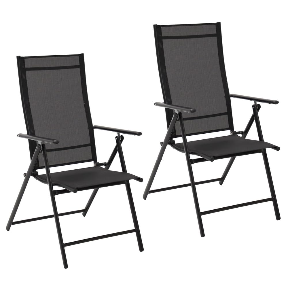 LOLAhome 2 x Folding and Reclining 7-Position Steel Chairs with Epoxy Anti-Corrosion and Reinforced Textilene Black