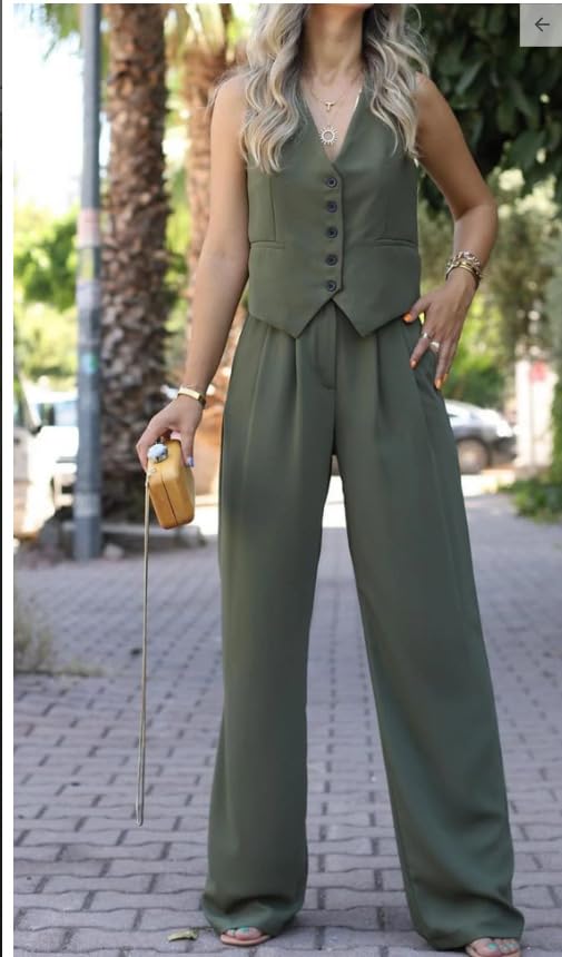 Arianna Elegant Two Piece Set for Women Linen Suit Vest and Wide Leg Pants Outfits Sleeveless Suit Vest Casual Blazer Sets2