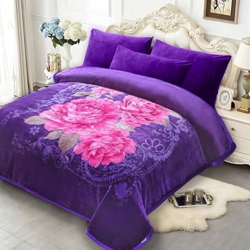 Image of JYK Soft Korean Mink Blanket, 5.7 LB Fleece King 83'' x 91'' - 2 Ply Reversible 520GSM Super Soft Plush, Thick, Warm Bed Blanket for Autumn Winter - Rose /Camellia