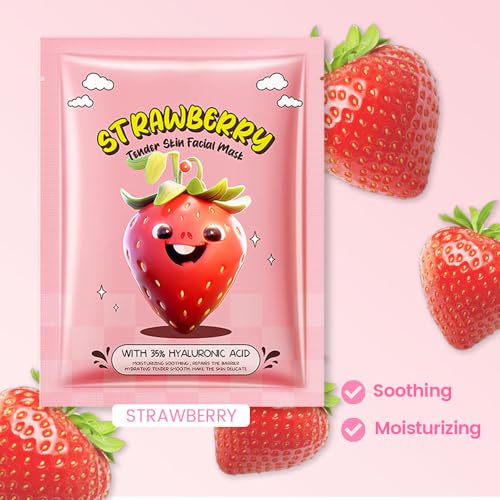 AMY'S DIARY 8 PCS Real Hydrating Nature Face Masks Skincare, Hyaluronic Acid, Vitamin C and E, Chamomile, Korean Beauty Essence Facial Paper Sheet Mask for Skin Care Moisturizing (Strawberry) - Image 3