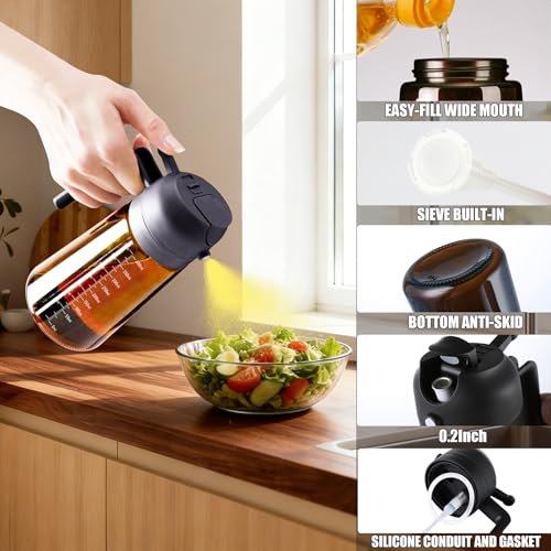 Image of Olive Oil Sprayer & Dispenser for Cooking, 16oz Dark Glass Oil Mister, 2PC | 2-in-1 Oil Sprayer & Pourer, Fine mist, Light-Blocking, Wide Mouth, Easy Refill & Clean, 8 Oil Labels, Reusable, with Scale