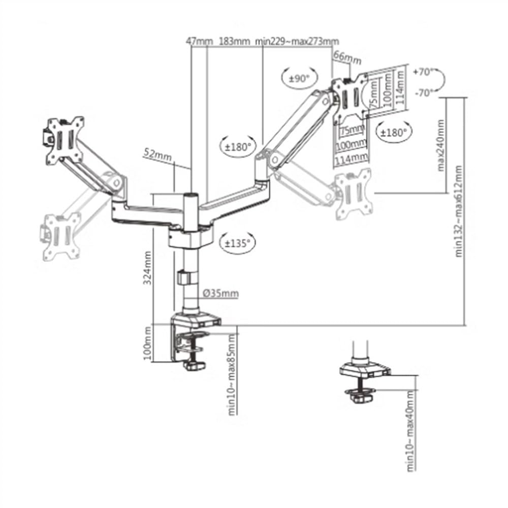 Supporto per monitor regolabile, supporto doppio monitor da 17 a 35 pollici, 2 monitor inclinabili/orientabili/girevoli, può contenere fino a 24,2 libbre per braccio con VESA 75/100 mm