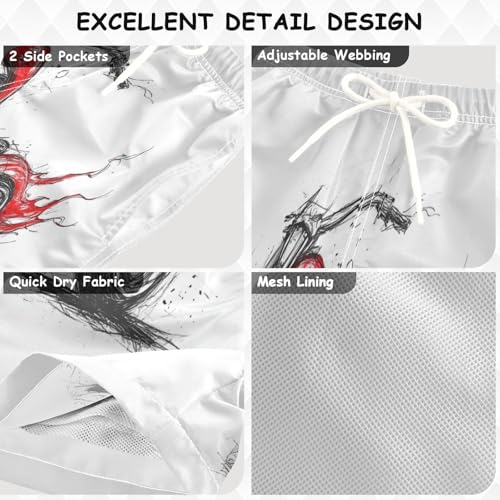 Boys Beach Board Shorts Fire Motorcycle White Swim Trunk Teen Swimwear 8-16Y3