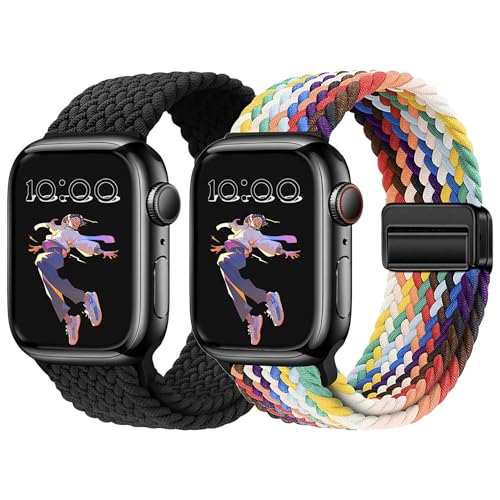 MokaZii 2 Piezas Correa Trenzadas para Apple Watch Band 40mm 41mm 42mm(Series 11/10) 38mm, Nailon Elástica Magnética Correas para Apple Watch SE 3/2/1/Series 11 10 9 8 7 6 5 4 - Negro + Arcoíris