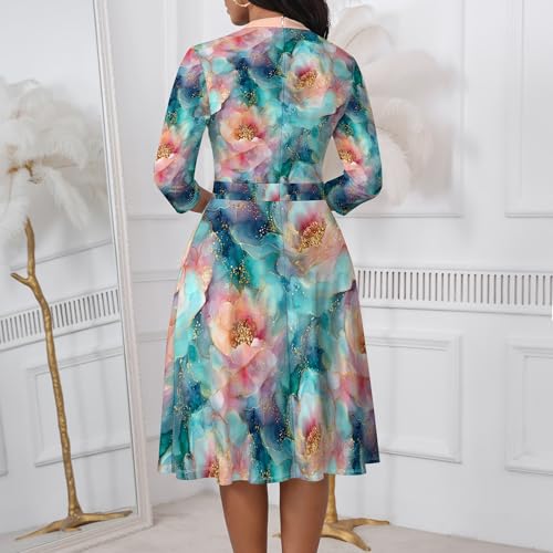 Image of PinkPatty Women's Casual A-line Midi Dresses 3 /4 Sleeve V Neck Fit and Flare Dress with Pockets