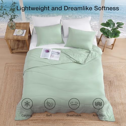 Monbix ChillChilla Cooling Comforter King Size-3 Pieces Cooling Blankets for Hot Sleepers and Night Sweats, Double-Sided Summer King Size Comforter Set, Breathable Lightweight Blanket Grey Green