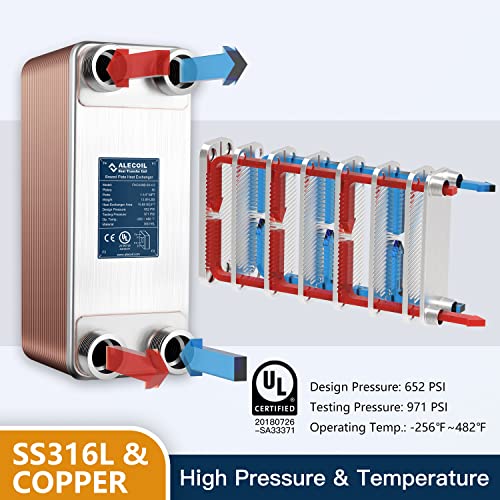 Alecoil 5\"x12\" 50 Plates Heat Exchanger with 1-1/4\" MPT Port Water to Water 316L Stainless Steel Brazed Plate Heat Exchanger for Water Heating, Floor Heating, Commercial and Industrial Refrigeration