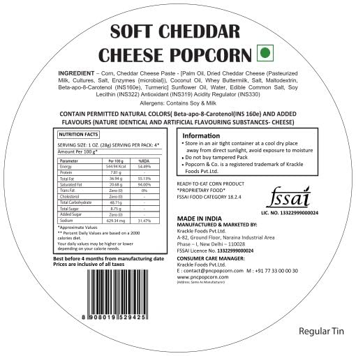 Image of Popcorn & Company Cheddar Cheese Popcorn Regular Tin, 60 gm
