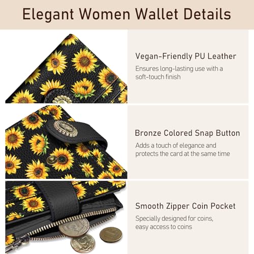 Image of Kelvoris Sunflower Small Rfid Women Wallet Bifold Zipper Coin Pocket | PU Leather Compact Cash Credit Card Holder, Travel Purse for Female Ladies Teen Girls, 1 ID Window 10 Card Slots