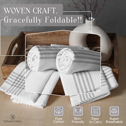 Image of Waffle White & Grey Kitchen Towels 12 Pack, 100% Cotton, 16x26 inches, Quick Drying Dish Cloths, Absorbent Bar Mop Towels, Durable Kitchen Dishcloths Set for Daily Use