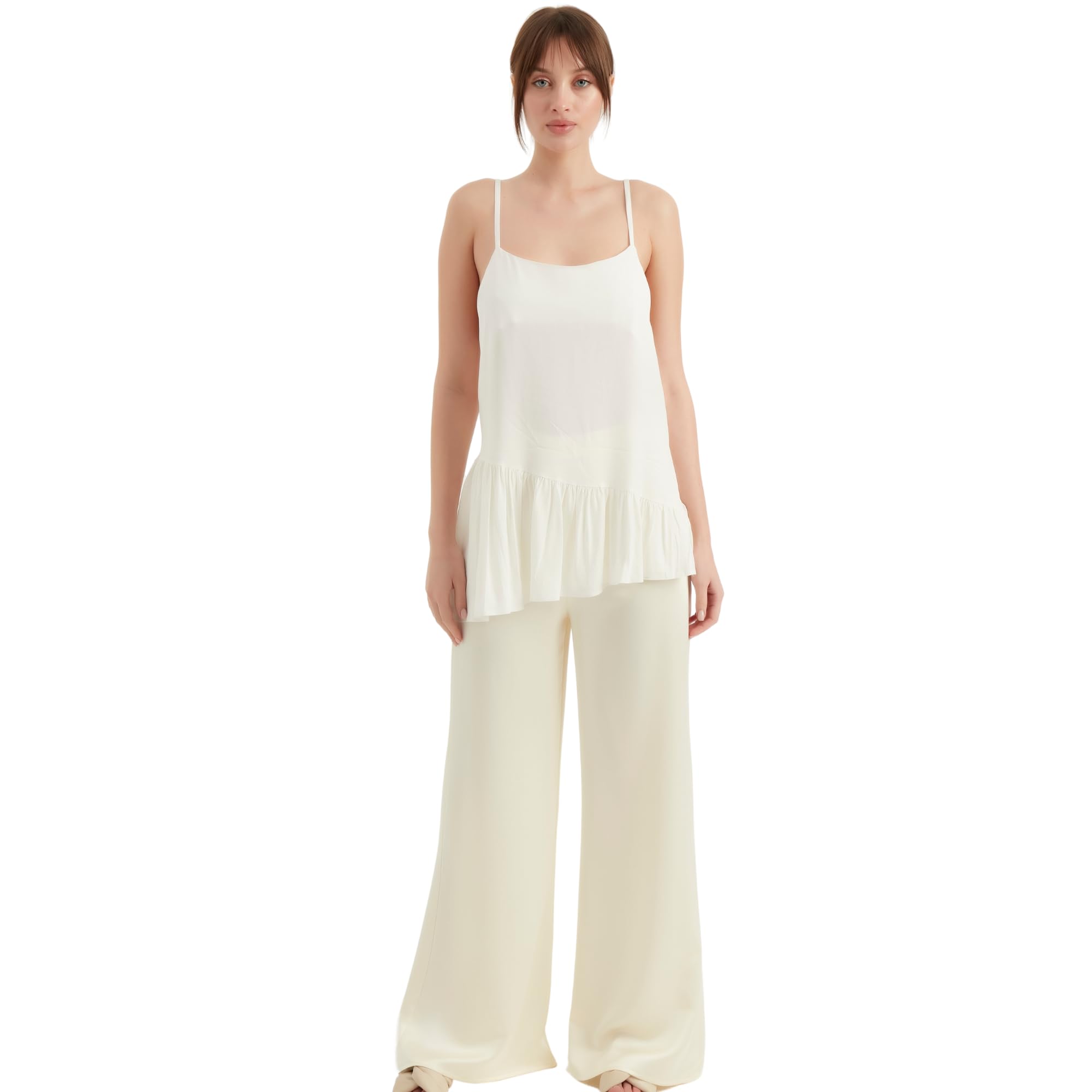 Blouses for Women's | Sleeveless Satin Spaghetti Strap Ruffled Long Blouse Top | Summer Women Tops Clothing