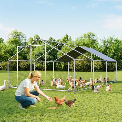 Image of Aoxun Large Metal Chicken Coop, Outdoor Chicken Runs for Yard with Cover, Spire Roof Hen House Enclosure with Security Lock, Walk-in Cage Peak Hen House for Yard Farm (10x20x6.4 FT)