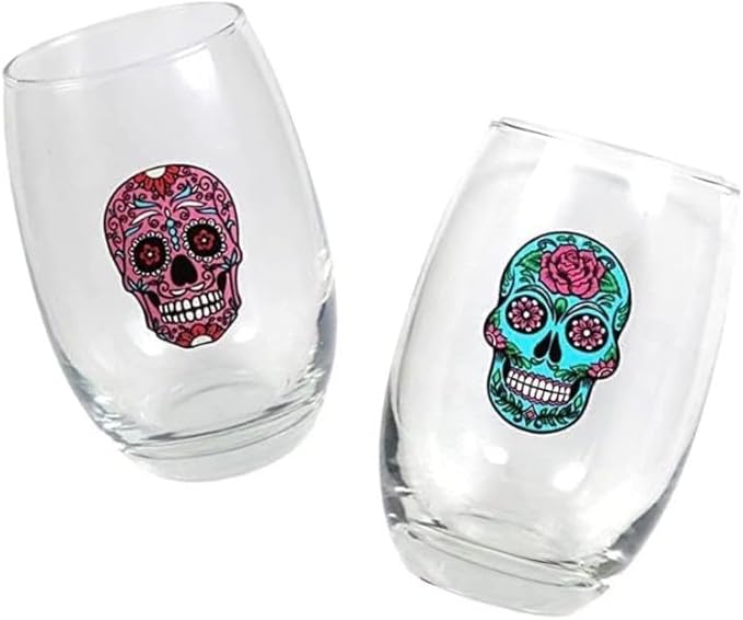 Spreading Love 2 You:(2) Colorful Day of the Dead Sugar Skull Stemless Wine Glasses. great to add to your decor. Dia de los Muertos, Holiday, Halloween and more
