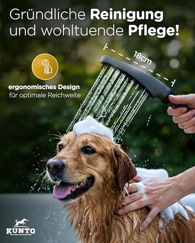KUNTO® Hundebrausekopf - Hundedusche Duschkopf - Hundedusche mit vier Strahlarten - Hunde Duschkopf mit Silikonborsten für effektive Fellpflege - Mobile Hundedusche outdoor mit Gartenschlauchadapter