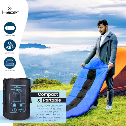 Image of Hacer HC-1500 3in1 Camping Sleeping Bag Open Comforter & Mattress +2 Degree Winter 210T Polyester Lining Hiking Trekking Bags for Baby, Adults Men & Women (7ft, Blue & Black, 2C to +5C, 1.6kg)