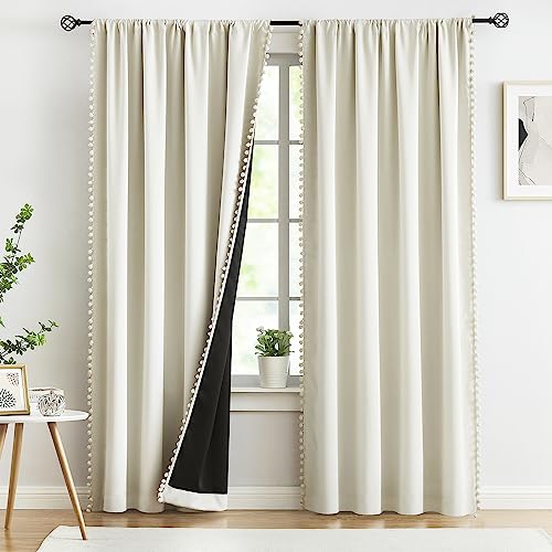 Image of Ivory Full Blackout Curtains for Living Room Bedroom 95 inch Energy Saving Window Curtains Ivory / Beige Pom Pom Thermal Insulated Curtain Panels for Baby Nursery Girl's Room 52 inchW Rod Pocket 1 Pair