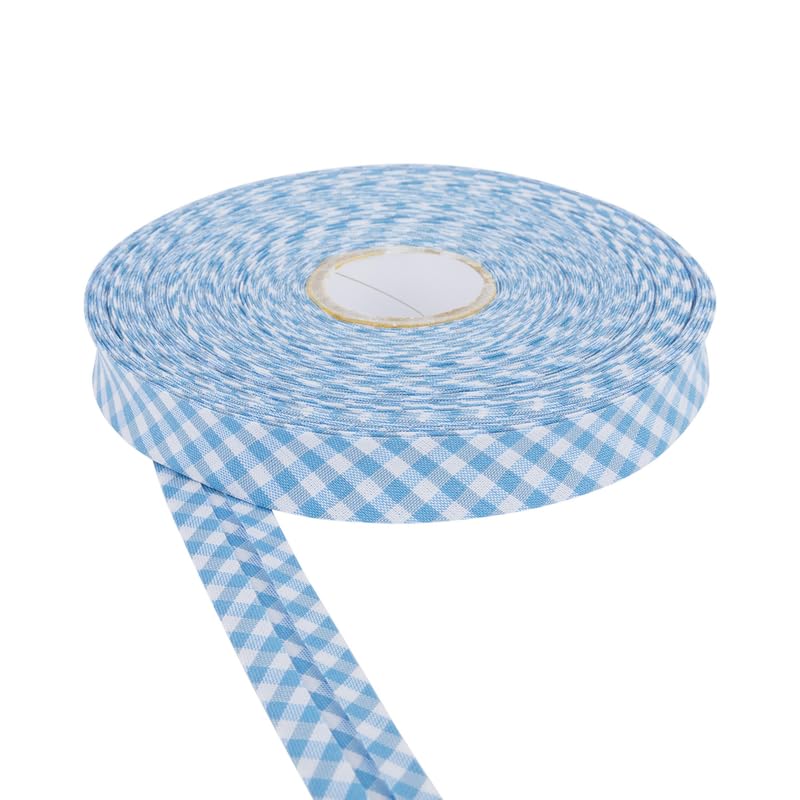 18mm Wide Cotton Gingham Bias Binding Tape 5m & 25m Available - White, Double Folded, Edging for Sewing, Bunting, Craft, Upholstery, Piping & Garments (Pale Blue, 5m) -Craft Queen LTD
