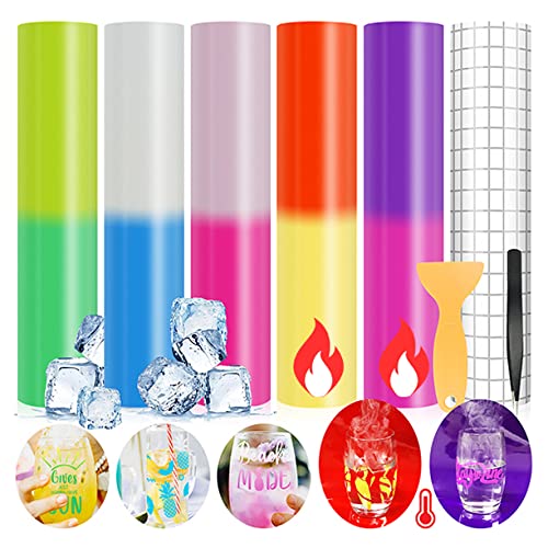 Color Changing Vinyl, 5 Sheet Cold & Hot Sensitive Permanent Adhesive, Self Adhensive Craft Cutter Vinyl Temperature Change Decals with 3 Accessories for Cups Decoration DIY, 12 x 8 inch