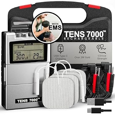 TENS 7000 Rechargeable Tens Unit Muscle Stimulator, EMS Muscle Stimulator, Back Pain Relief, 4 Electrodes/Unit Pads, Period Pain Simulator, Muscle Recovery & Growth, Stim Machine, Electrotherapy