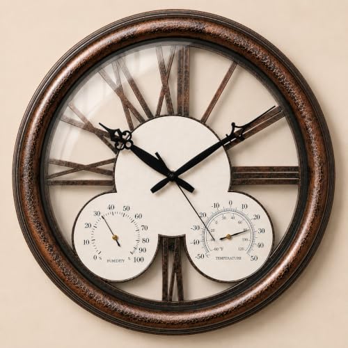 Image of ARMONIA Heritage Royale Roman Numeral Wall Clock with Temperature & Humidity Gauge, Silent Non-Ticking Quartz Movement, Decorative Wall Clock for Living Room, Bedroom, Office & Home Decor, 14.96 Inch