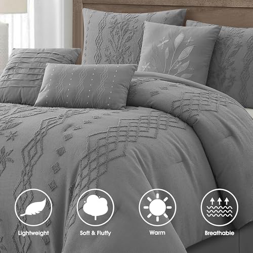 Image of LANCO MODERN LIFESTYLE Grey Comforter Set, Queen Size, 7 Pieces Jacquard Boho Bedding Set for All Seasons, Ultra Soft and Fluffy, Matching Pilllow Shams, Bedskirt and Decor Pillows