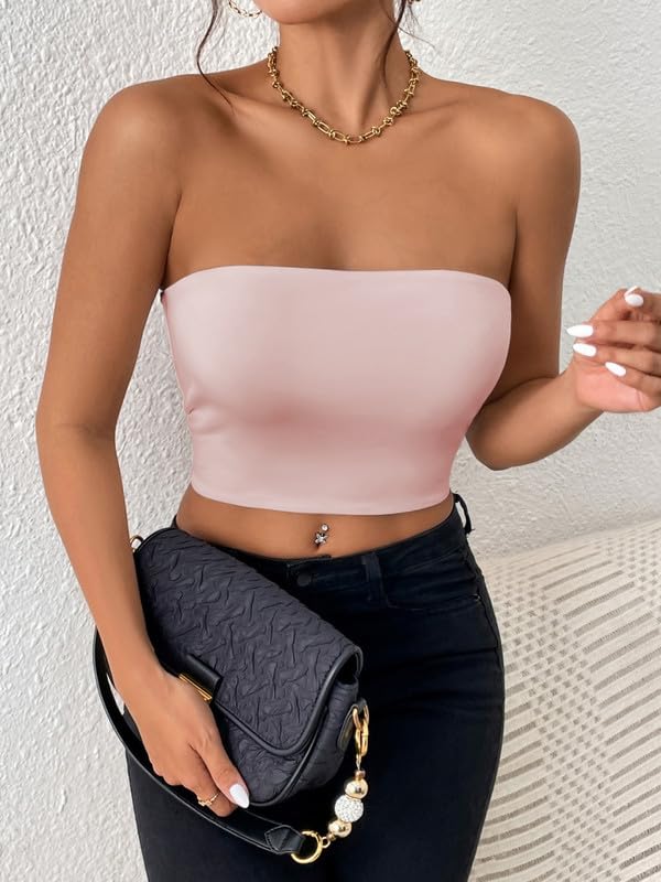 Tube Top Damski T-shirt bez ramiączek Lato Bandeau Slim Fit Bez rękawów Crop Topy z elastycznym paskiem Podwójna warstwa Bluzka Podstawowa tuba Y2K Koszula Sexy Bez wyściółki Stroje
