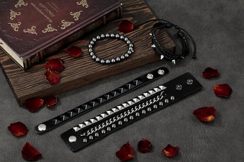 4Pcs Studded Bracelet for Men Women 80s Spike Punk Cuff Grunge Bracelet Adjustable Emo Punk Rock Leather Goth Jewelry Halloween Accessories4