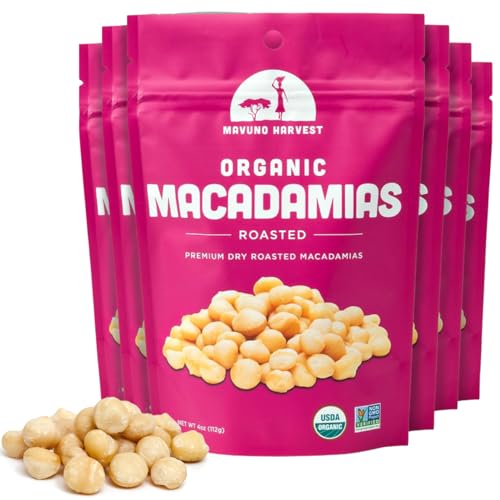 Mavuno Harvest Organic Roasted Macadamia Nuts | Dry Roasted Whole Macadamia Nuts | Vegan, Non GMO Healthy Snacks for Kids and Adults | Office Friendly Work Snack | 4 Ounce, Pack of 6